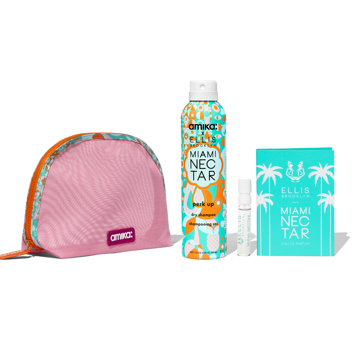 amika x Ellis Brooklyn dry shampoo + perfume set perk up x MIAMI NECTAR fragrance + mini perfume + mesh bag